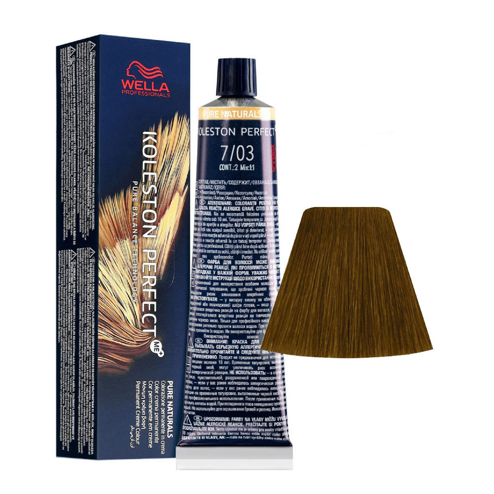 Wella Koleston Perfect Me+ Pure Naturals 7/03 Medium Natural Golden Blonde 60ml - permanent coloring