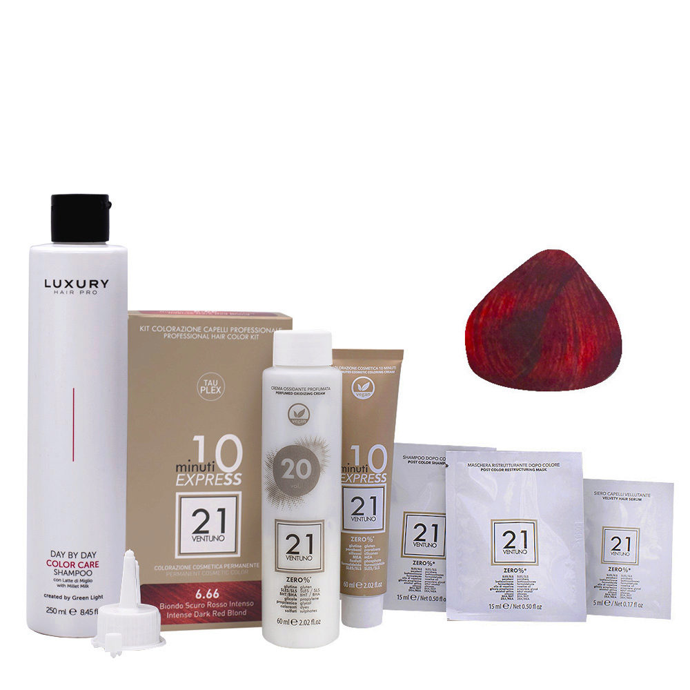21 Ventuno Professional Hair Dyeing Kit 6.66 Intense Red Dark Blonde + Shampoo 250ml