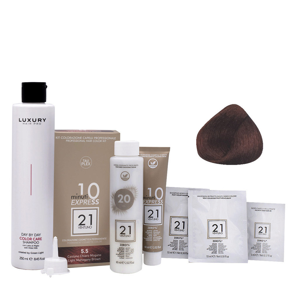 21 Ventuno Professional Hair Dyeing Kit 5.5 Mahogany Light Brown + Shampoo 250ml