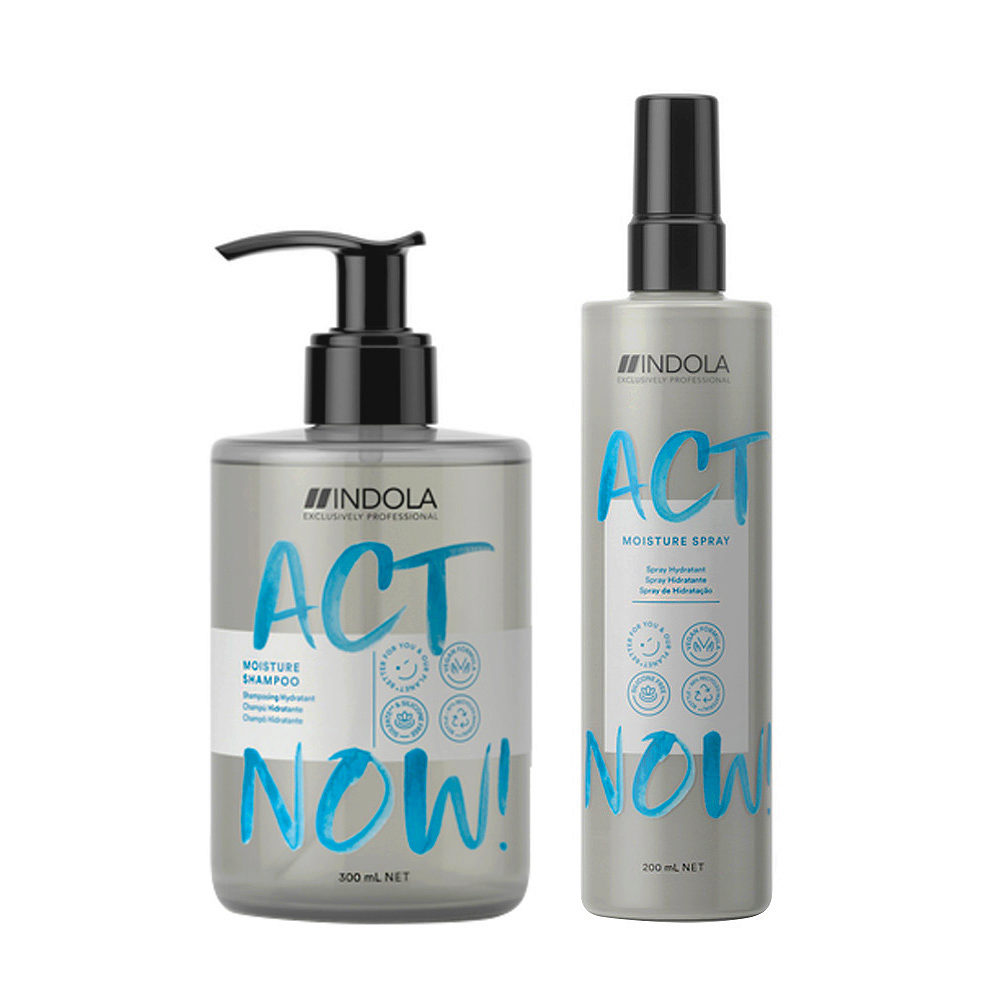 Indola Act Now Moisturizer For Dry Hair Shampoo 300ml and Moisturizing Spray 200ml