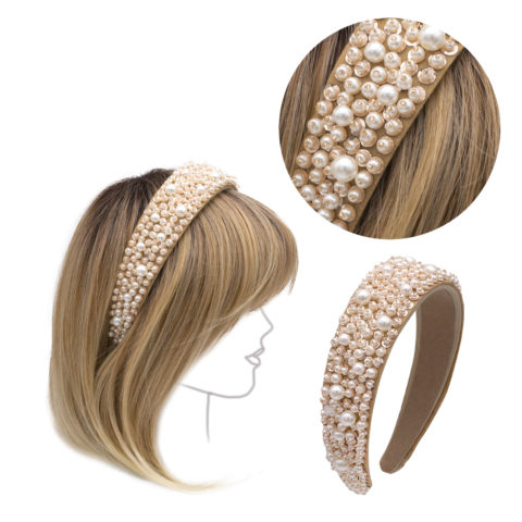 VIAHERMADA Headband in Beige Suede with Pearls and Stones