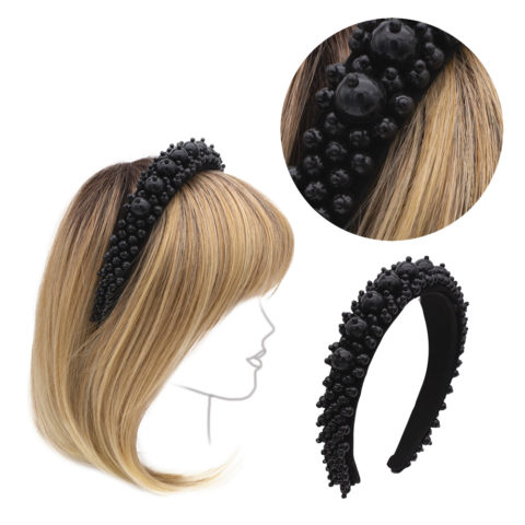 VIAHERMADA Headband in Suede Covered with Stone and Black Pearls