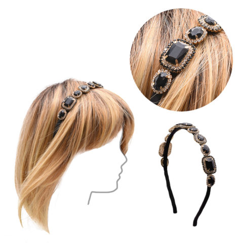 VIAHERMADA Black Grosgrain Headband with Crystals and Gems