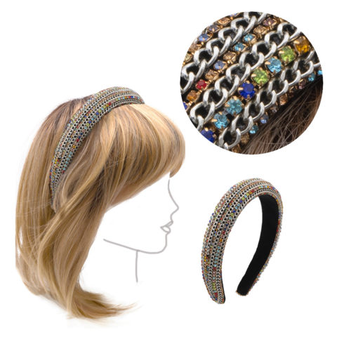 VIAHERMADA Rounded Headband Covered With Chains and Colored Rhinestones