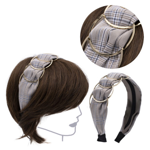 VIAHERMADA Beige Chess Fabric Hairband with Gold Metal Rings