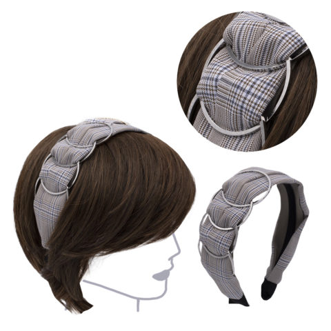VIAHERMADA Beige Chess Fabric Hairband with Silver Metal Rings