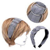 VIAHERMADA Grey Checkered Fabric Hairband with silver metal Rings