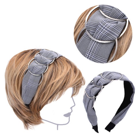 VIAHERMADA Gray Chess Fabric Hairband with Silver Metal Rings