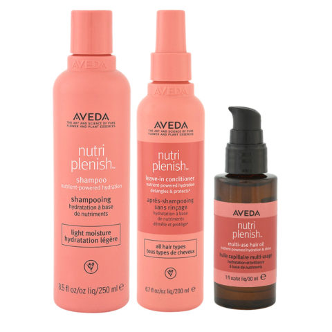 Aveda Nutri Plenish Light Moisture Shampoo 250ml Leave In Conditioner 200ml Multi Use Oil 30ml