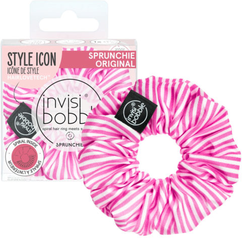 Invisibobble Sprunchie Stripes Up - fuchsia and white striped hair tie