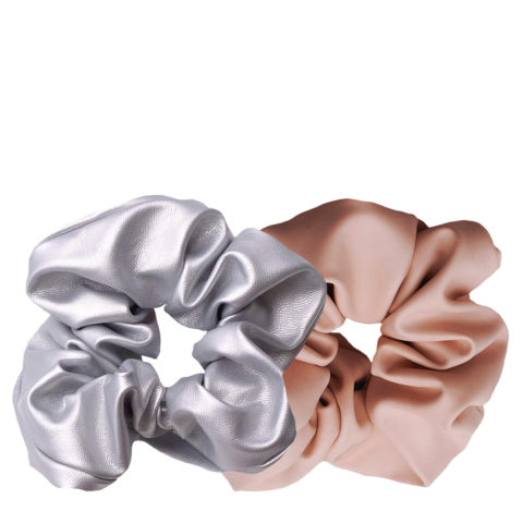 VIAHERMADA Set of 2 Eco-leather Scrunchy Silver + Antique Pink