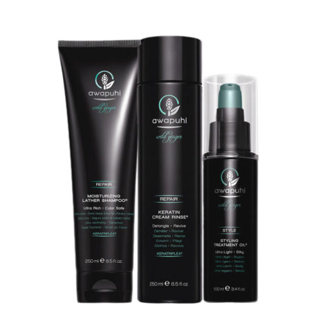 Awapuhi Wild Ginger Moisturizing Lather Shampoo 250ml Keratin Cream Rinse 250ml Styling Treatment Oil 100ml
