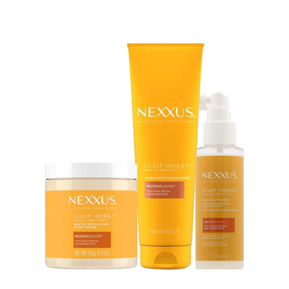 Nexxus Scalp Inergy Gentle Exfoliating Scalp Scrub 250ml Ultra-Light Conditioner 250ml Leave-In Scalp Treatment 100ml