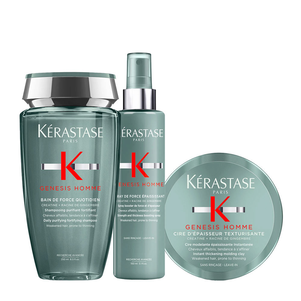 Kerastase Genesis Homme Bain De Force Quotidien 250ml Spray 150ml Cire D'Epaissuer Texturisante 75ml