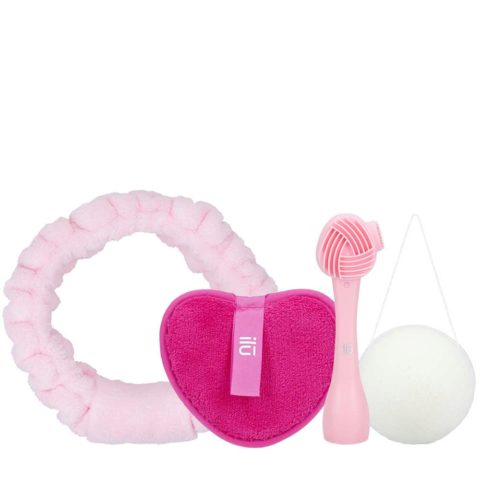 ilū Skin Care Headband Pink Makeup Remover Pads Pink 3 pz Face Brush Pink Konjac Sponge White