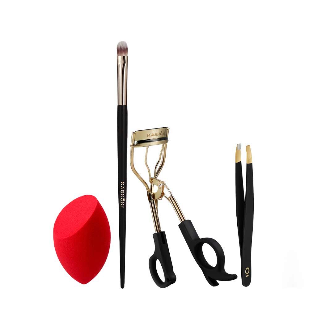 Kashōki Make Up Sponge Olive Cut Red Concealer 108 Eyelash Curler Tweezers With Case