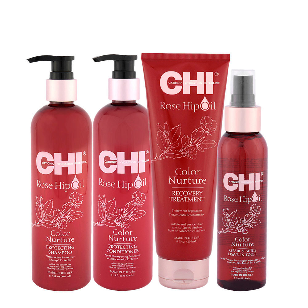 CHI Rose Hip Oil Protecting Shampoo 340ml Conditioner 340ml Recovery Treatment 237ml Repair&Shine Leave In Tonic 118ml