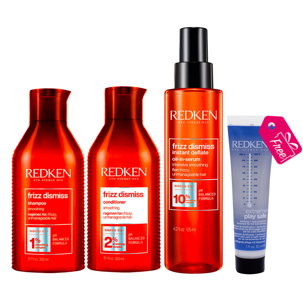 Redken Frizz Dismiss Shampoo 300ml Conditioner 300ml Serum 125ml + FREE Extreme Mini Play Safe 30ml