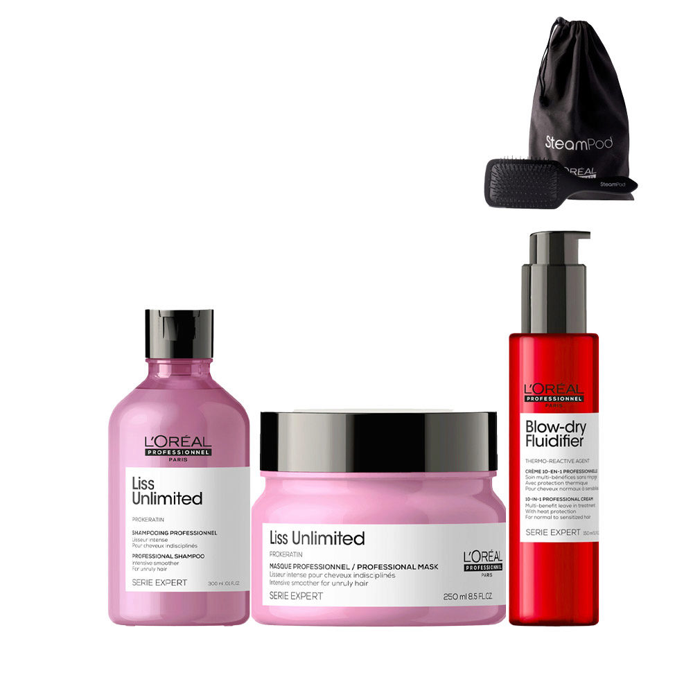 L'Oréal Professionnel Paris Serie Expert Liss Unlimited Shampoo 300ml Mask 250ml Leave In 150ml + Free Brush