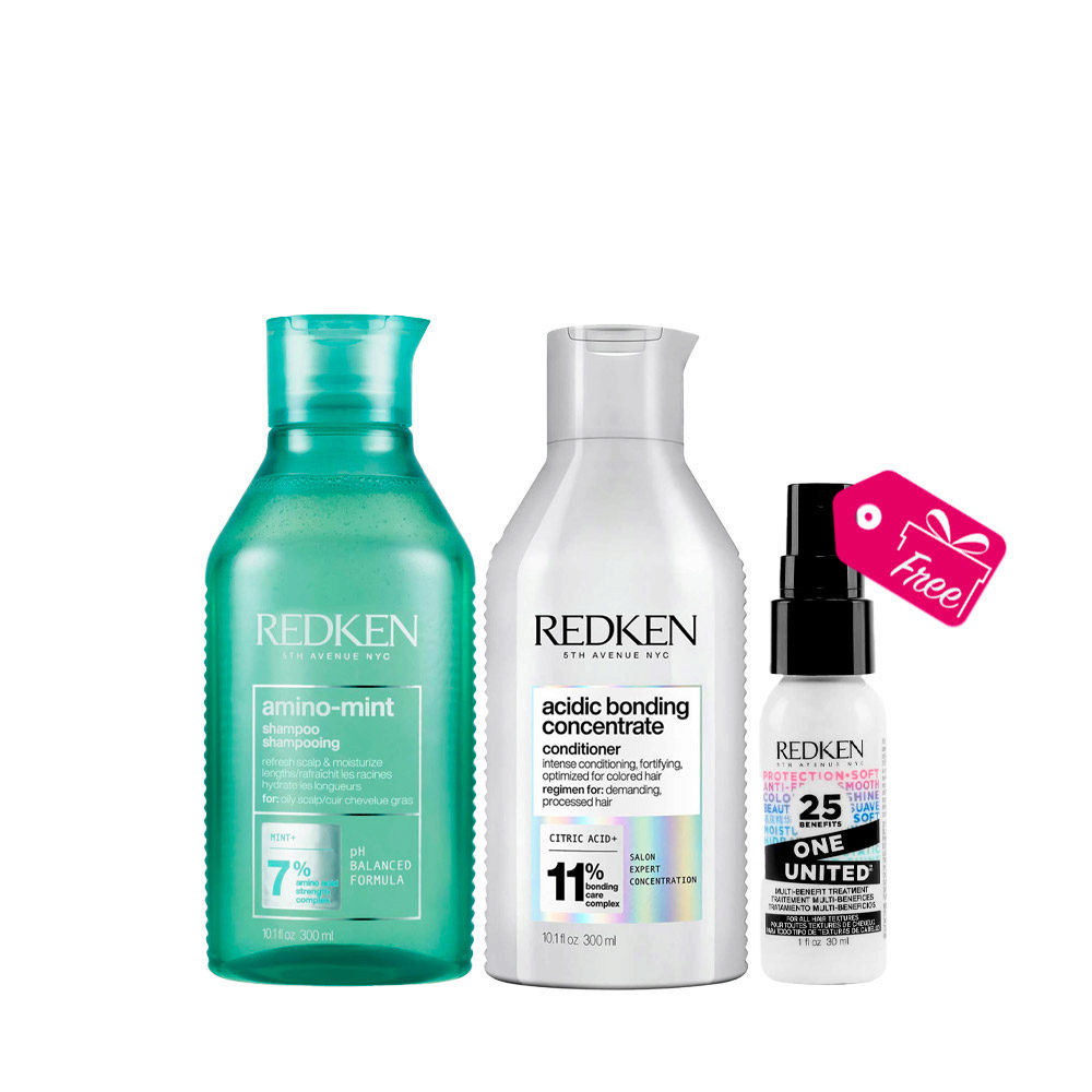 Redken Amino Mint Shampoo 300ml Acidic Bonding Concentrate Conditioner 300ml + FREE One United All In One Spray 30ml