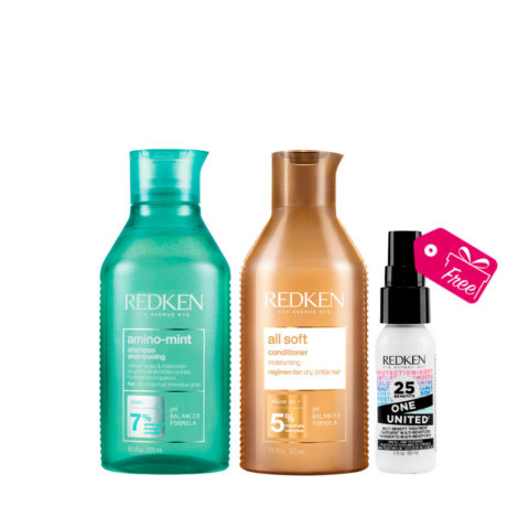 Redken Amino Mint Shampoo 300ml All Soft Conditioner 300ml + One United All In One Spray 30ml FREE