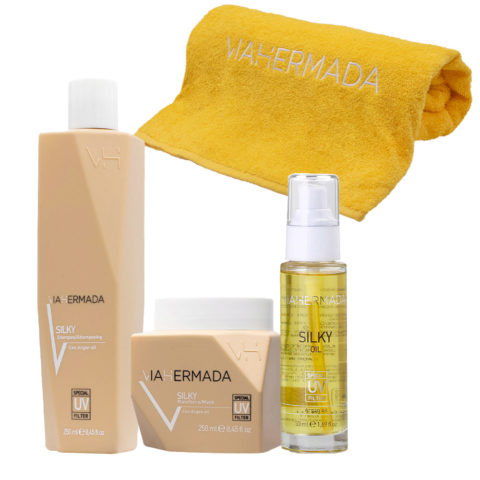 VIAHERMADA Silky Shampoo 250ml Mask 250ml Silky Oil 50ml + FREE yellow beach towel