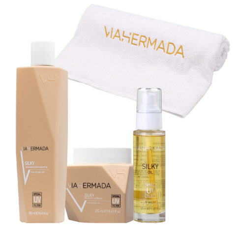 VIAHERMADA Silky Shampoo 250ml Mask 250ml Silky Oil 50ml + FREE white beach towel