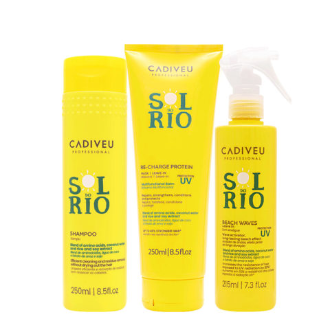 Cadiveu Sol Do Rio Professional Shampoo 250ml Re-Charge Protein Mask 250ml Beach Waves Leave-In Conditioner 215ml